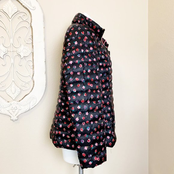 Kate Spade | Women's Black and Rose Print Down Puffy Jacket | Size: L - Picture 6 of 6